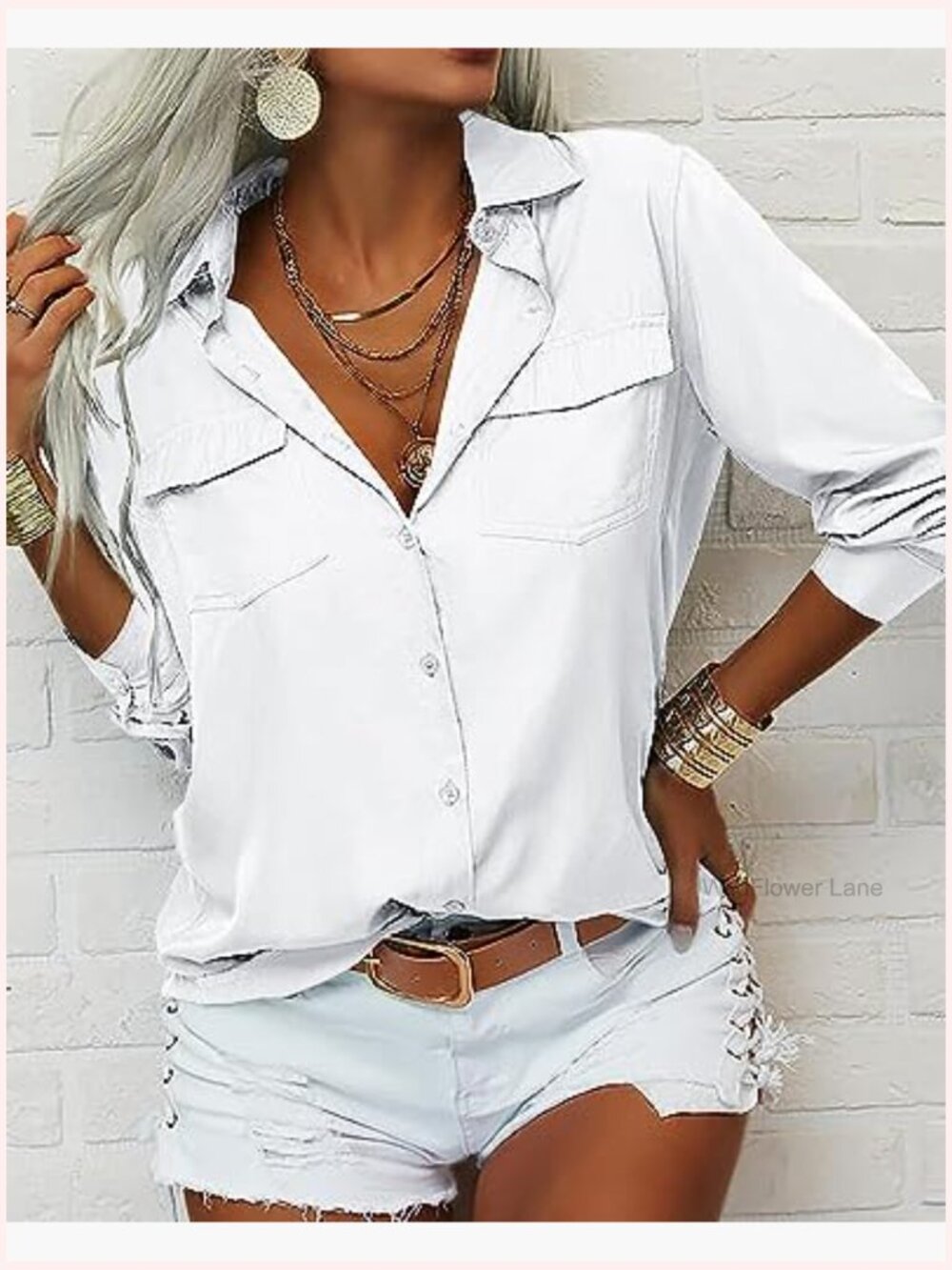 Women's Long Sleeve V-Neck Button Down Blouse Casual Office Work Top - Picture 3 of 5